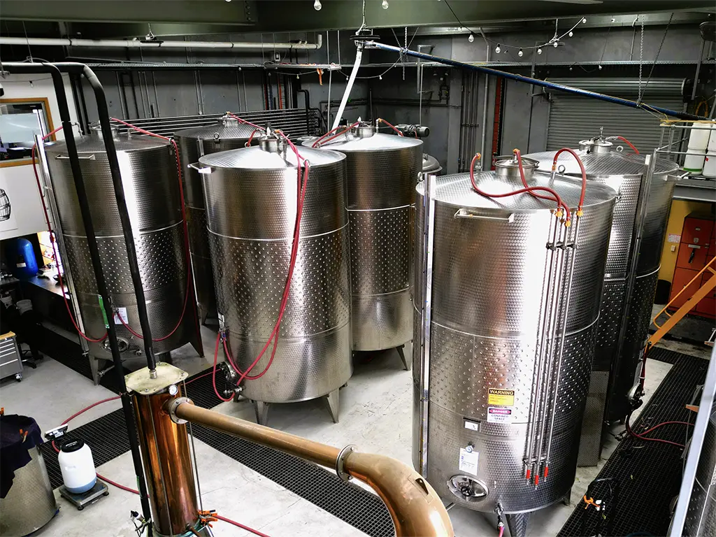 fermentation tanks at the white label distillery in tasmania